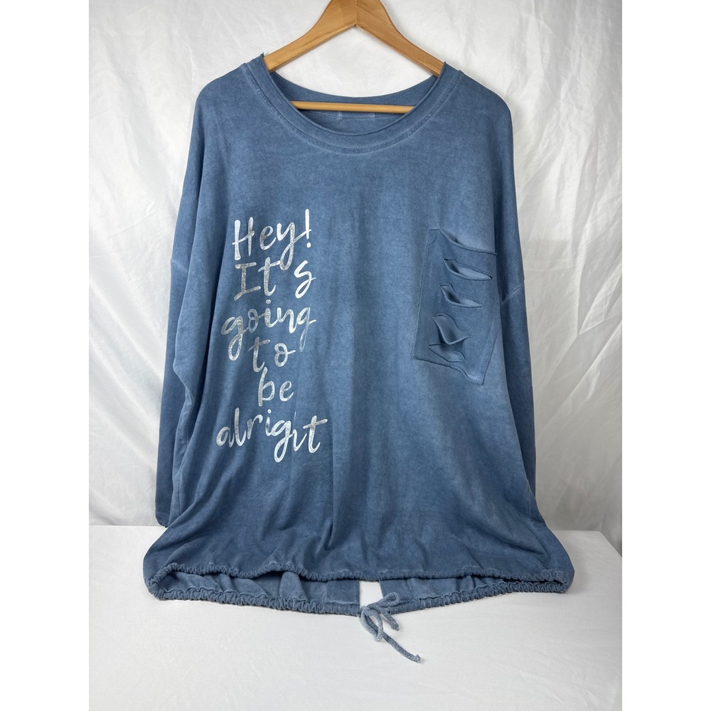 Made in Italy Oversized Graphic Sweatshirt Blue Distressed Pocket Drawstring Hem